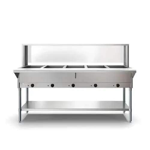 Front. Koolmore - Five Pan Open Well Electric Steam Table with Undershelf and Sneeze-Guard, 240V, KM-OWS-5SG. - Silver.