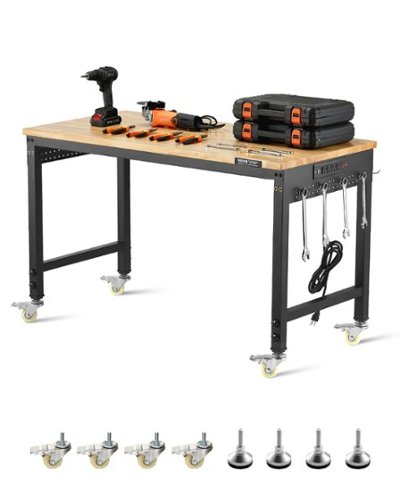 VEVOR - 48-Inch Adjustable Workbench, 2000 lbs Load, Work Bench with Power Outlet, Wheels, and Pegboard - Black-Front_Standard 