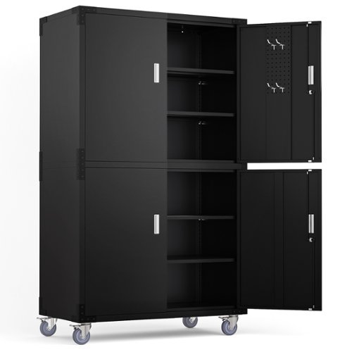 Winado - Garage Large Metal Storage Cabinet with 4 Adjustable Shelves & 2 Pegboards & Casters & 4-Door and Lock for Workshop,Home - Black-Front_Standard 