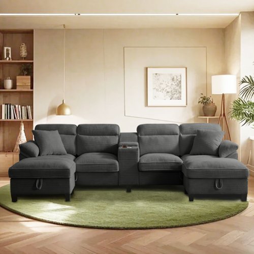 Electra Tech Xpress - Sectional Couches for Living Room with 2 Cup Holders,Corduroy Modular Sectional Sofa with Movable and Storable Ottoman - DARY  GRAY-Front_Standard 