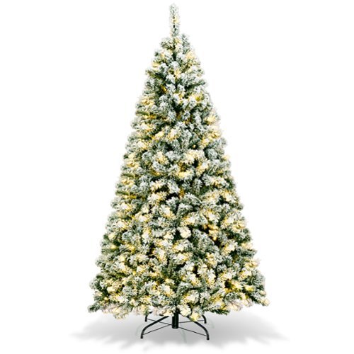 Costway - 6Ft Pre-Lit Premium Snow Flocked Hinged Artificial Christmas Tree w/ 250 Lights - Green/White