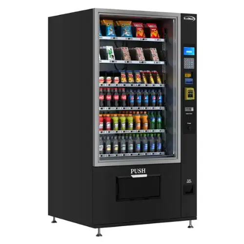 The image features a Push vending machine with a variety of drinks and snacks. The machine offers a selection of drinks, including bottled water, juice, and soda. There are also snacks available, such as chips and candy. The machine is stocked with a total of 28 drinks and 14 snacks, providing a diverse range of options for customers. The vending machine is placed in a public area, likely in a store or a busy location, to cater to the needs of people who want a quick and convenient snack or drink.