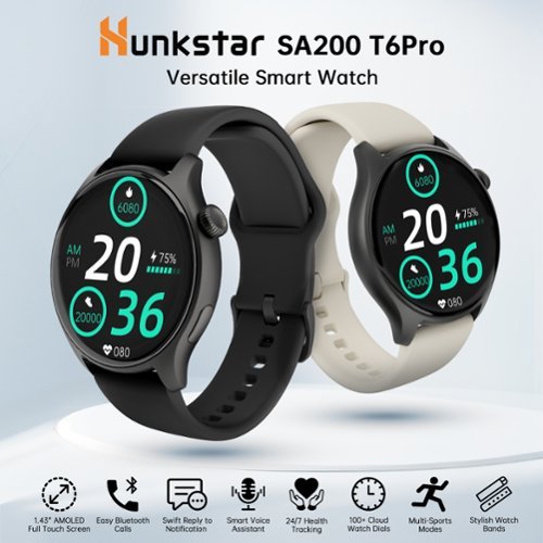 Hunkstar AMOLED SA200 Smart Watch, HD Touch Screen BT Call Heart Rate/Sleep/Blood Oxygen Monitor IP68 Waterproof for Men Women - Black GLOBAL SHIPPING