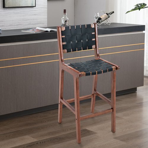 Bestier - Set of 2 Counter Height Bar Stools, Faux Leather Woven Strips Counter Stools with Back, Rectangular Bar Chair - Brown