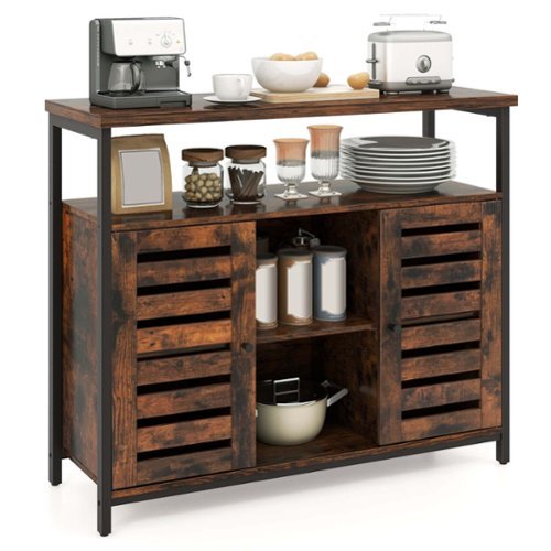 Costway Buffet Cabinet Industrial Sideboard Storage Cabinet with Push-to-Open Slatted Door - Rustic Brown & Black