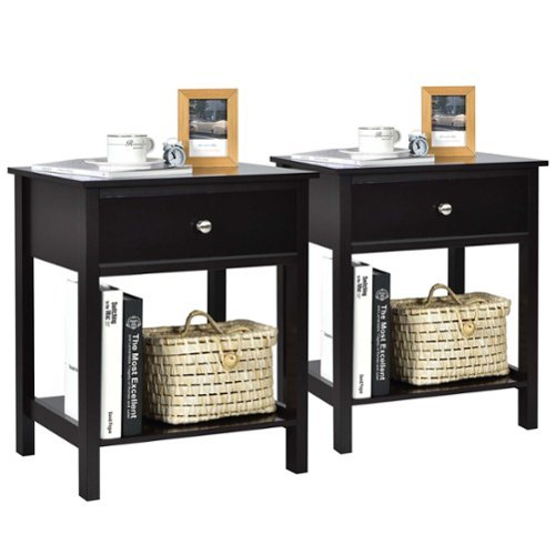 Costway - 2PCS 2-Tier Nightstand Modern Side End Table with  Drawer & Open Shelf - Black