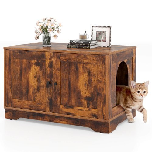 Costway - Cat Litter Box Enclosure Furniture with Double Doors Divider Side Entry for Cats - Brown-Front_Standard 