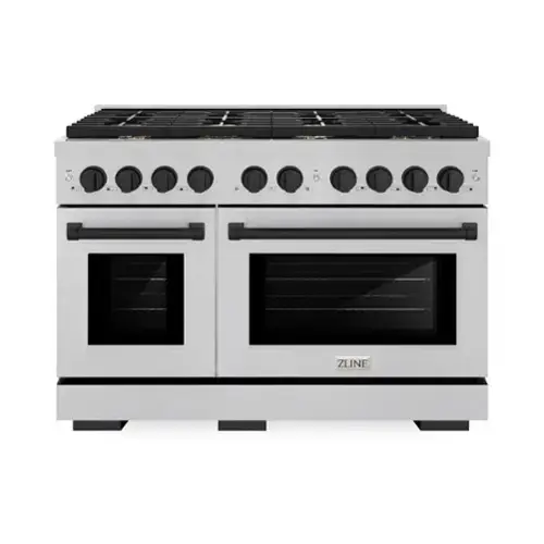 Front. ZLINE - ZLINE Autograph 48 in. Paramount Dual Fuel Satin Steel Range w/ 8 Burners & Black Accents (SDRSZ-48-MB) - Stainless Steel.