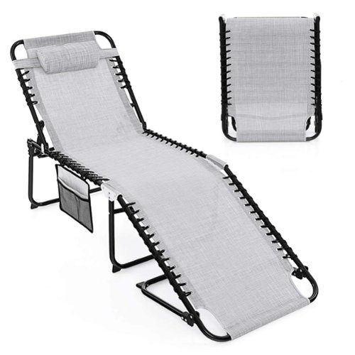 Costway - Patio Folding Chaise Lounge Chair Portable Sun Lounger with Adjustable Backrest - Gray-Front_Standard 