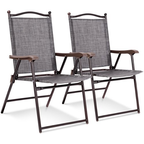 Costway - Set of 2 Patio Folding Sling Back Chairs Camping Deck Garden Beach - Gray-Front_Standard 