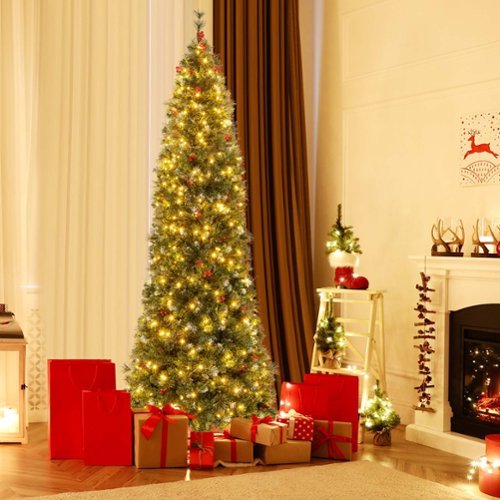 Costway - 8 FT Pre-Lit Christmas Tree Slim Pencil Hinged with 420 Lights & 1168 Branch Tips - Green/White
