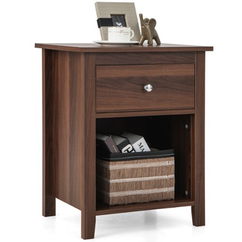 Costway - Nightstand Bedside Table with Drawer & Open Shelf for Living Room Bedroom - Walnut
