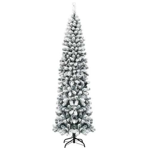 Costway - 7.5Ft Unlit Hinged Snow Flocked Artificial Pencil Christmas Tree with 641 Tips - Green/White