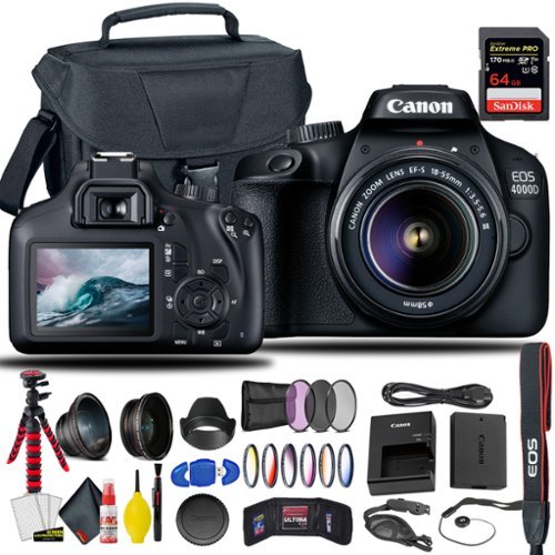 Canon - EOS 4000D / Rebel T100 DSLR Camera w 18-55mm Lens Tripod Bundle (International Version) - Black-Front_Standard 