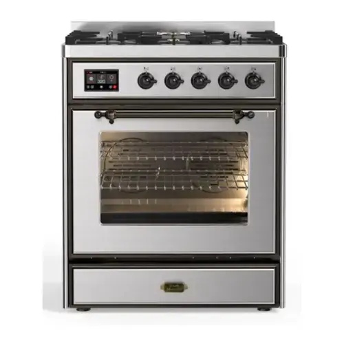 Front. ILVE - ILVE Majestic II 30 inch Dual Fuel Range with 5 Burners (Natural Gas, Stainless Steel, Burnished Trim) - Stainless Steel.