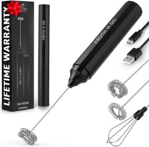 Zulay Kitchen - 3-in-1 Froth N Go Milk Frother Rechargeable - Comes with 3 Whisk Attachments - Black-Front_Standard 