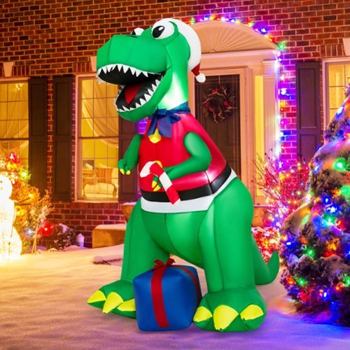 Costway 6FT Inflatable Christmas Dinosaur Dinosaur Decoration with LED Lights & Gift Box - Multicolor