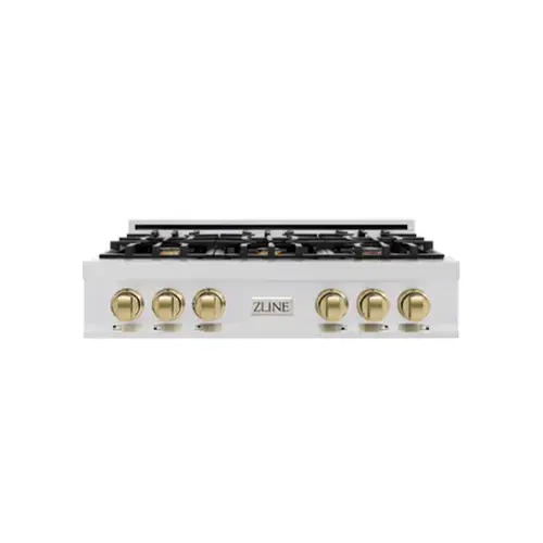 Front. ZLINE - ZLINE Autograph 36 in. Slide-In Classic Rangetop w/ 6 Burners in Stainless Steel & Champagne Bronze Accents - Stainless Steel.