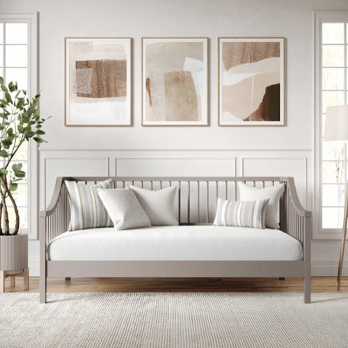 Martha Stewart - Neely Wooden Twin Size Platform Daybed with Spindles and Wood Slat Foundation - Gray-Front_Standard 