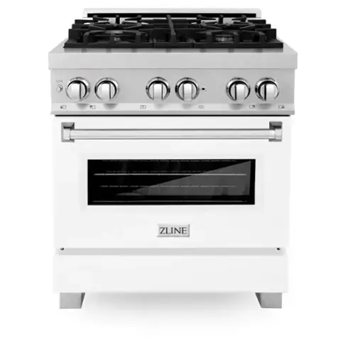 Front. ZLINE - 30 in. Wide 4 Burner Legacy Dual Fuel Range in Satin Stainless Steel w/ White Matte Door (RAS-WM-30) - Matte White.