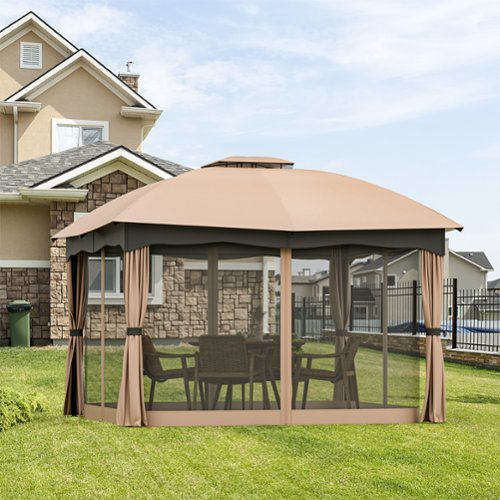 Gymax - Patio 12' x 10' Canopy Heavy Duty Steel Gazebo Double Vented Outdoor - Brown-Front_Standard 