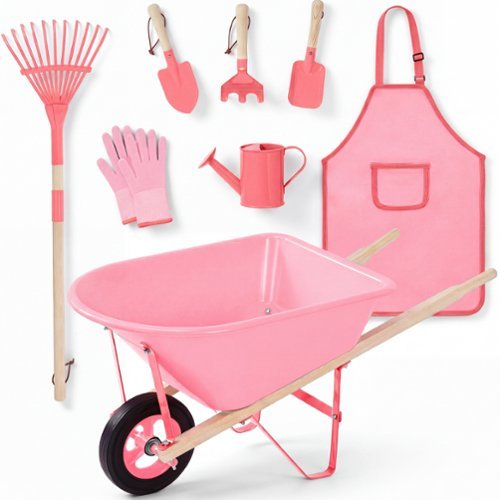 Best Choice Products - Kids Wheelbarrow Gardening Tool Set 8 Piece with Metal Tools, Apron, Gloves Ages 3+ - Pink/Pink-Front_Standard 