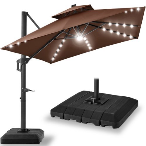 Best Choice Products - 10x10ft 2-Tier Square Outdoor Solar LED Cantilever Patio Umbrella w/ Base Included - Brown-Front_Standard 