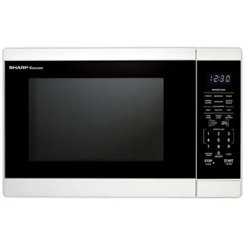 The image features a white Sharp microwave with the time displayed on the screen as 12:30. The microwave is equipped with various buttons, including a sensor cook button and a defrost button. The buttons are arranged in a row, with some of them labeled with numbers, indicating that they may be used for specific cooking times or power levels. The microwave is likely designed for easy use and efficient cooking, making it a convenient appliance for a kitchen setting.
