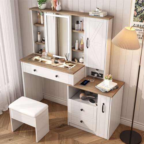 Ovios - Vanity Desk with Mirror and Lights, Makeup Dressing Table with 3-Color Adjustable Lights - White-Front_Standard 