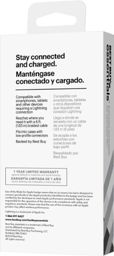 Best Buy essentials™ 6’ Lightning to USB Braided Charge-and-Sync Cable - White BUY IN EUROPE