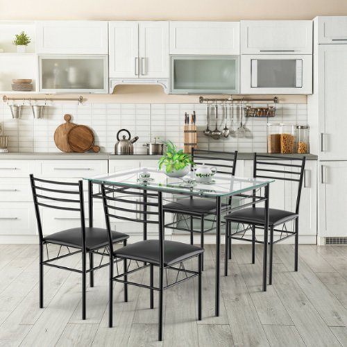 Costway 5 Piece Dining Set Glass Top Table & 4 Upholstered Chairs Kitchen Room Furniture - Black