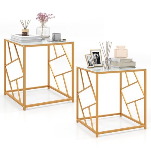 Costway 2PCS 19.5" Side Table Square Bedside Sofa Accent Coffee Table Tempered Glass Top - Gold+White