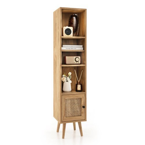 Costway Rattan Storage Cabinet Freestanding Slim Organizer Wood Display Rack Living Room - Natural