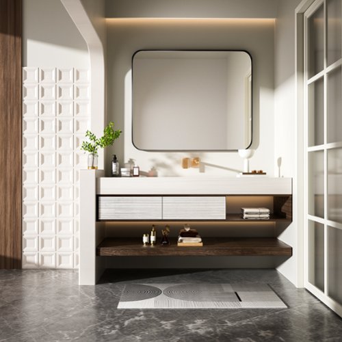 LOVMOR Tempered Glass Rounded Rectangle Framed Wall-Mounted Bathroom Vanity Mirror - 36 x 30 - Black HOW TO BUY