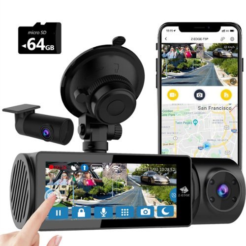Z-Edge - T3P 3CH 4K Dash Camera, Front + Rear + Cabin, IPS Touch Screen IR Night Vision & Super Capacitor, with 64GB Card - Black-Front_Standard 