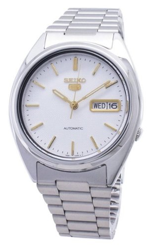 Seiko - 5 Automatic SNXG47K1 Mens Watch 21 Jewels Japan Made Stainless Steel White Dial Day/Date Display 50M - Silver/White-Front_Standard 