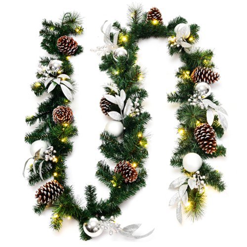 Costway 9ft Pre-Lit Artificial Christmas Garland with Mixed Decorations and LED Lights - Green