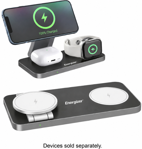 Energizer - 3-in-1 15W Magnetic MagSafe/Qi2 Compatible Fast 15W Charger, Charging Station/Stand for iPhone + AirPods + Apple Watch - Black-Front_Standard 