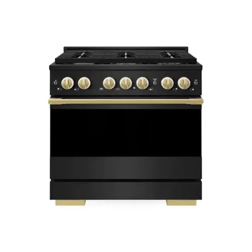 Front. ZLINE - Autograph 36 in. 5.2 cu. ft. Manual Clean Marino Freestanding Gas Range with 6 Burners and Gold Accents - Black Stainless Steel.