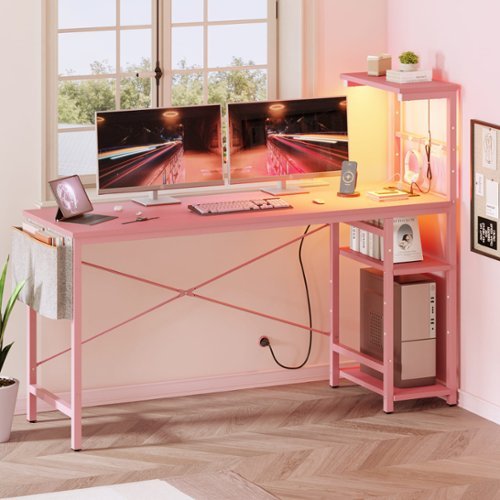 Bestier 61" Gaming Desk with Power Outlets LED 4-Tier Reversible Shelves Headset Hook - Pink