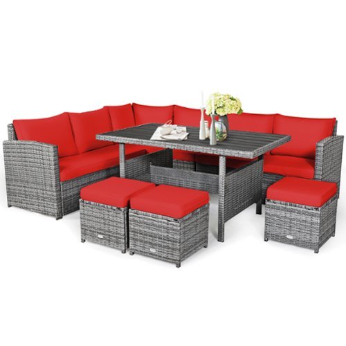 Costway - 7 PCS Patio Rattan Dining Set Sectional Sofa Couch Ottoman Garden - Red-Front_Standard 