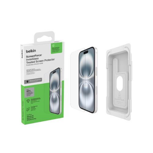 Belkin - ScreenForce InvisiGlass Screen Protector for iPhone 16, 15, & 14 Pro w/ Easy Align Tray - Clear-Front_Standard 