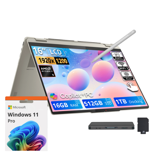  Lenovo - Upgraded - Yoga 7a 2-in-1 16" Touch Laptop,Ryzen AI 5 430,16GB RAM,512GB SSD+1TB Dock,Backlit,Finger,Stylus Pen,Win11 Pro - Seashell