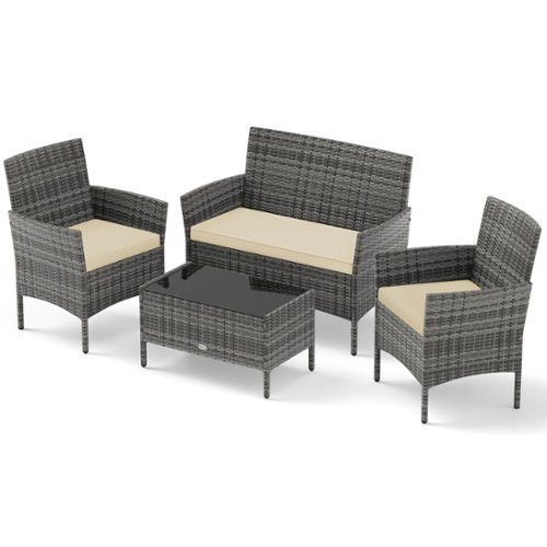 Costway - 4 PCS Patio Furniture Set with Washable Cushions and Tempered Glass Coffee Table - Beige-Front_Standard 