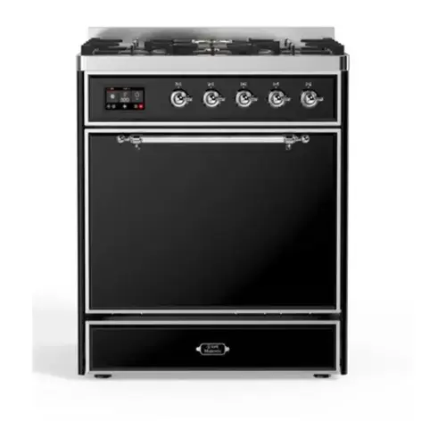 Front. ILVE - ILVE Majestic II Series  30 in. Dual Fuel Range with 5 Sealed Burners (Natural Gas, Chrome Trim) - Glossy Black.