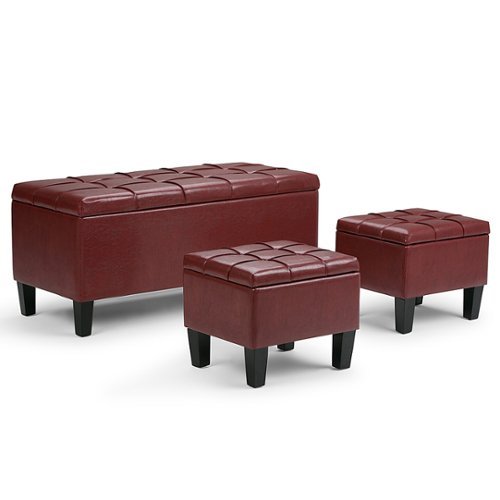 Simpli Home - Dover Rectangular Faux Leather Storage Ottoman Bench (Set of 3) - Radicchio Red