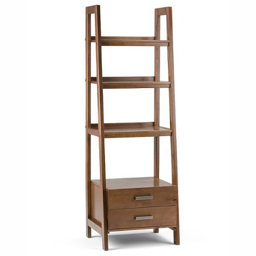 Simpli Home - Sawhorse Modern Industrial Solid Wood 4-Shelf 2-Drawer Bookcase - Medium Saddle Brown