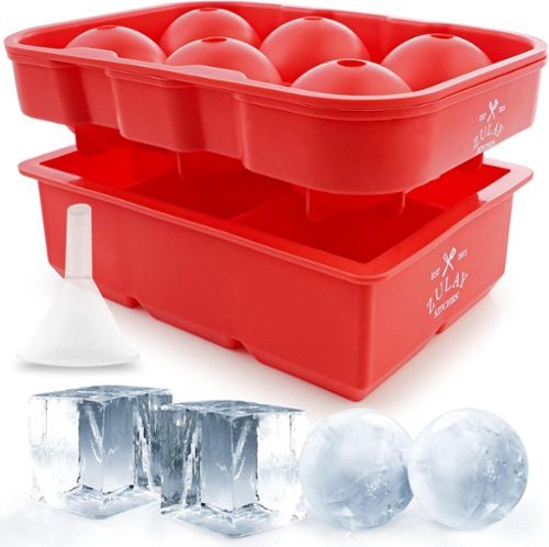 Zulay Kitchen - Silicone Ice Cube Trays Set of 2 - Large Square Ice Cube Molds and Sphere Ice Ball Maker with Lid - Red-Front_Standard 