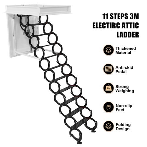 Topteng - 11-Step Electric Attic Ladder with Remote-Aluminum Folding, 500lb Capacity, Silent Hydraulic Motor for Loft Access - Black-Front_Standard 