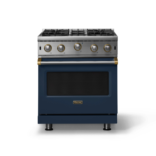 Front. Viking - 30"W. 4.0 Cu. Ft. Freestanding Self-Clean Open Burner Gas Convection Range - Slate Blue w. Brushed Brass Trim - Slate Blue.